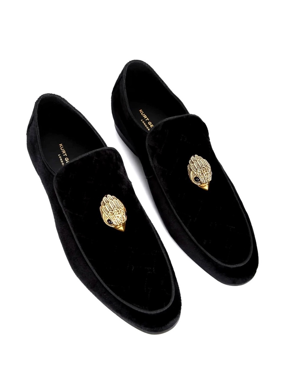 Kurt Geiger Black Velvet Slip-On Loafers with Gold Bird Emblem